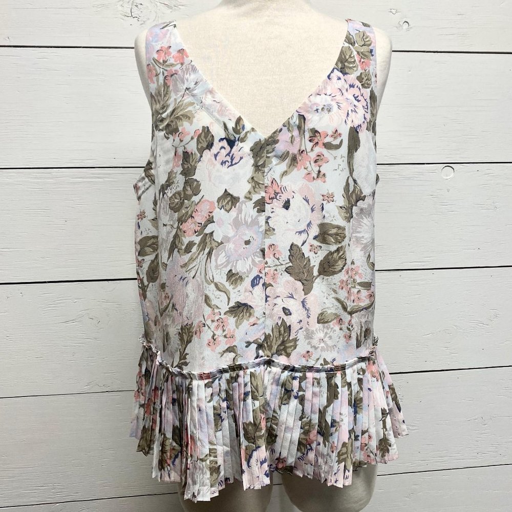 Rebecca Taylor Floral Pleated Hem Tank Top in White, Pink, Green